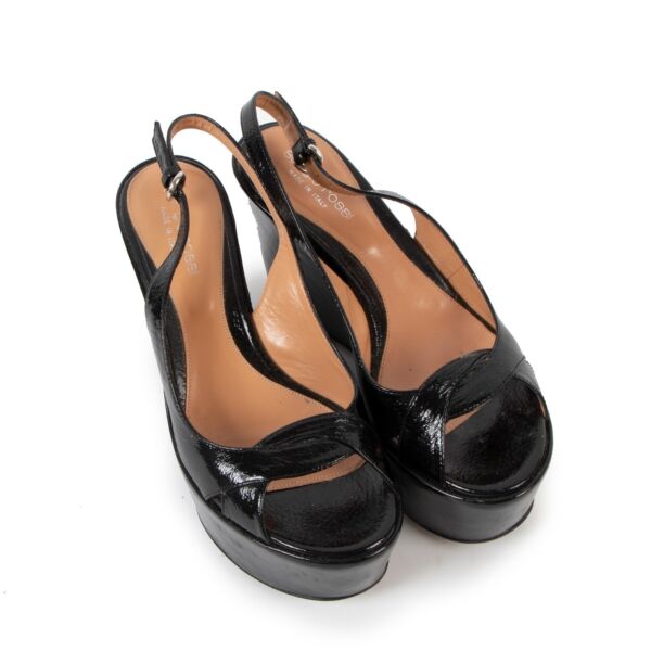 Sergio Rossi Black Patent Leather Wedge Sandals - Size 36
