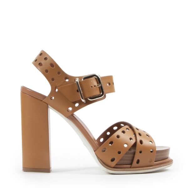 Authentieke Tweedehands Tod's Camel Leather Platform Block Heels - Size 38,5 juiste prijs veilig online shoppen luxe merken webshop winkelen Antwerpen België mode fashion