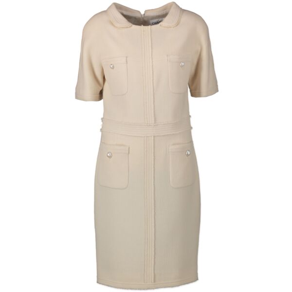 Authentieke Tweedehands Chanel Cream Dress - Size 40 juiste prijs veilig online shoppen luxe merken webshop winkelen Antwerpen België mode fashion