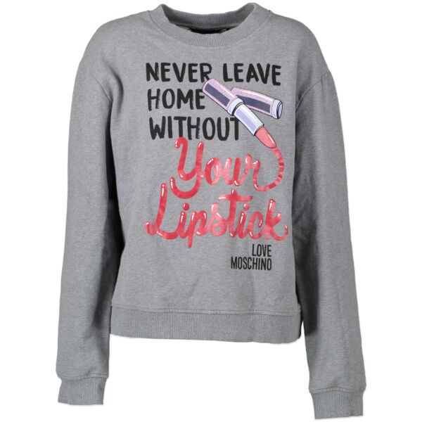 Moschino Grey 'Never Leave Your Home With Lipstick' Sweater bij LabelLOV Antwerp. Online webshop in Antwerpen. Koop veilig en online merkkledij.