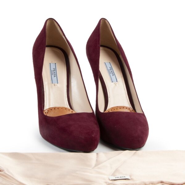 Prada Bordeaux Suede Gold Heels Pumps - Size 40