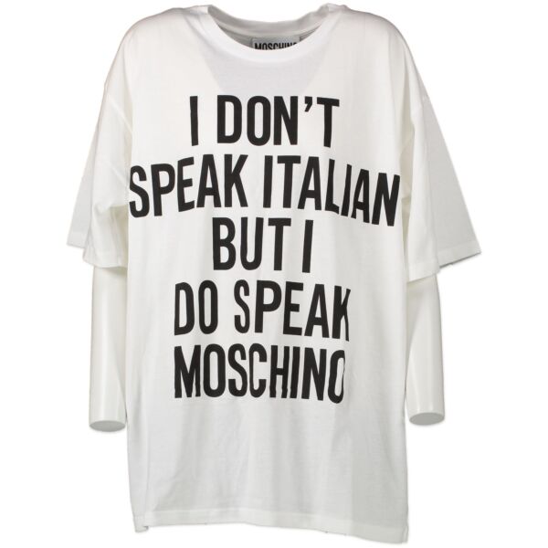 Authentic secondhand Moschino White 'I Don't Speak Italian But I Do Speak Moschino' Shirt - Size M/L designer bags fashion luxury vintage webshop safe secure online shopping