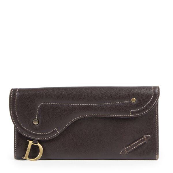 Authentieke Tweedehands Christian Dior Brown Leather Saddle Wallet juiste prijs veilig online shoppen luxe merken webshop winkelen Antwerpen België mode fashion