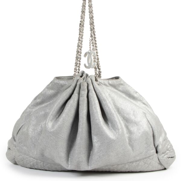 Authentieke Tweedehands Chanel Melrose Cabas Tote Fabric Grey Shoulder Bag juiste prijs veilig online shoppen luxe merken webshop winkelen Antwerpen België mode fashion