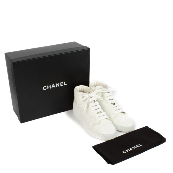 Chanel 18S White Patent Calfskin/Rubber High Top Sneakers - Size 38.5