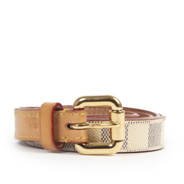 Authentieke Tweedehands Louis Vuitton Damier Azur Canvas Leather Belt - Size 90 juiste prijs veilig online shoppen luxe merken webshop winkelen Antwerpen België mode fashion