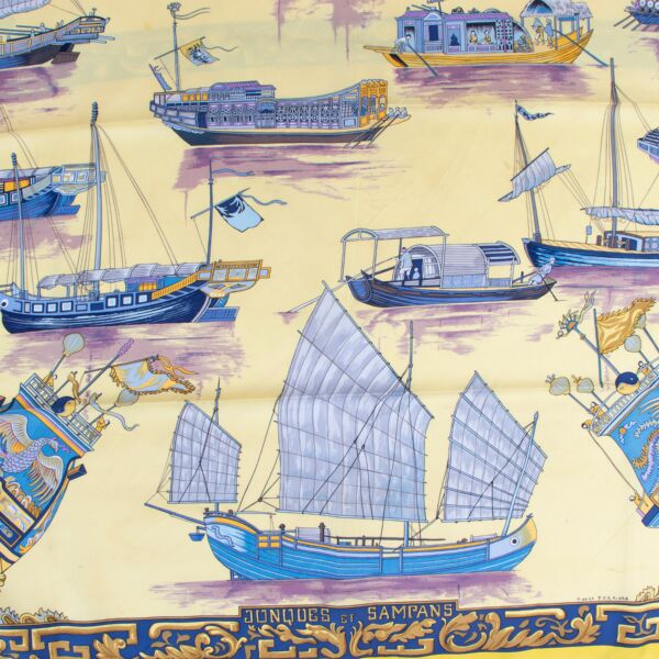 Hermès Yellow Jonques et Sampans Carré 90 Silk Scarf