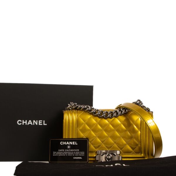 Chanel Metallic Yellow Patent Leather Small Boy Bag