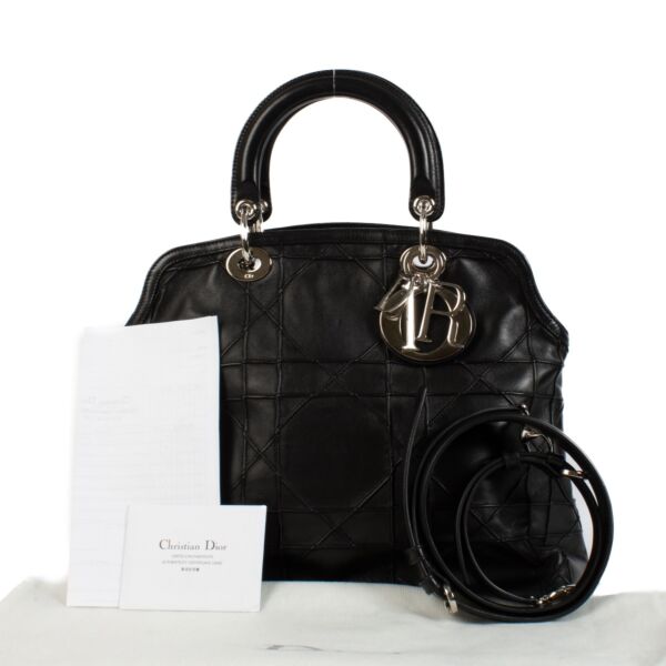 Christian Dior Black Lambskin Cannage Grandville Tote Bag