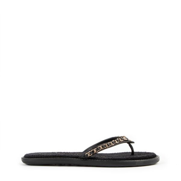 Chanel 2021 21s Black Terry Gold Chain Slide Thong Sandals