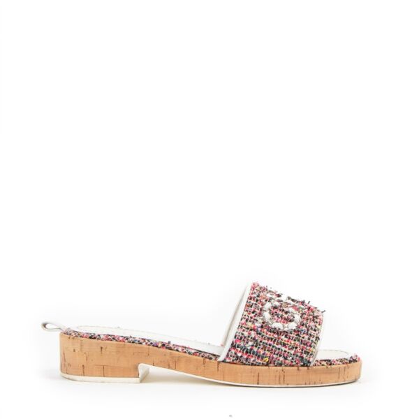 Chanel SS2021 Multicolor Tweed Silver Chain Cork Sandals
