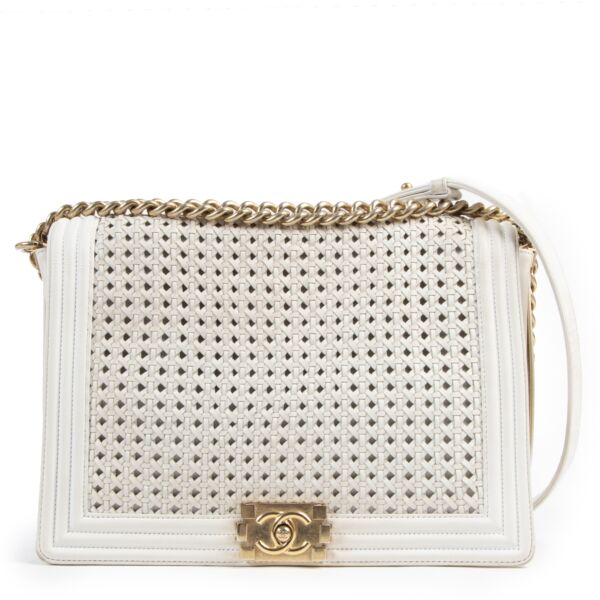 Chanel Large White Braided Boy Flap Bag shop authentic luxury 