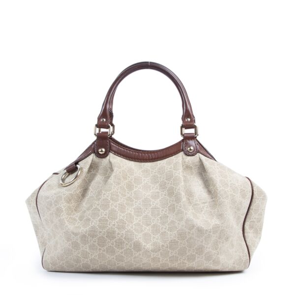 Authentieke Tweedehands Gucci Beige GG Monogram Canvas Shoulder Bag juiste prijs veilig online shoppen luxe merken webshop Antwerpen België mode fashion