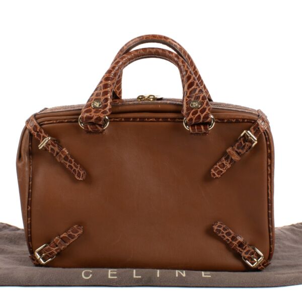 Celine Brown Crocodile Embossed Leather Trunkette Bag