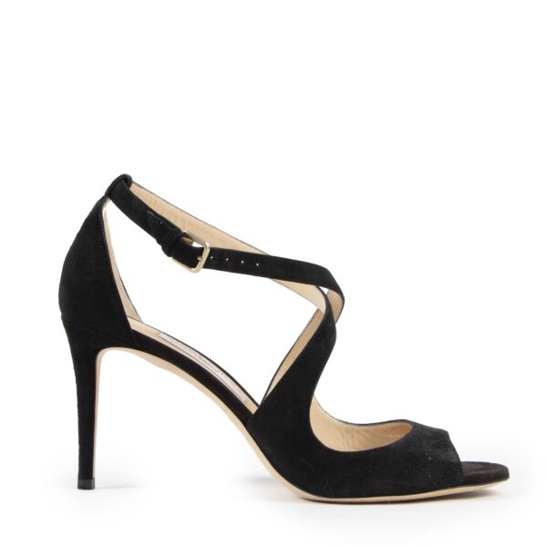 Authentieke Tweedehands Jimmy Choo Black Suede Emily Sandal Heels - Size 40 juiste prijs veilig online shoppen luxe merken webshop winkelen Antwerpen België mode fashion