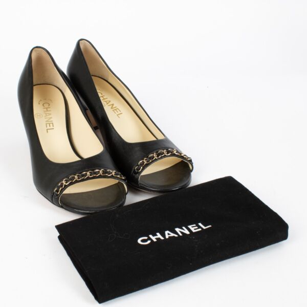 Chanel Black Lambskin Chain Trim Peep Toe Block Heels — Size 39.5
