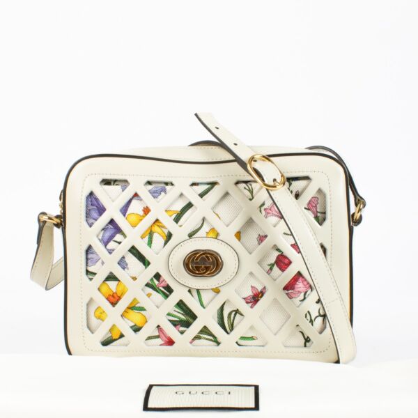 Gucci White Cutout Leather Floral Canvas Bag