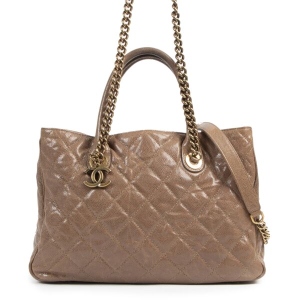 Authentieke Tweedehands Chanel Taupe Top Handle Shopper Bag juiste prijs veilig online shoppen luxe merken webshop winkelen Antwerpen België mode fashion