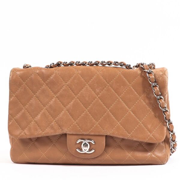 Buy an authentic Chanel Taupe Large Single Flap Bag in very good condition at Labellov in Antwerp. 