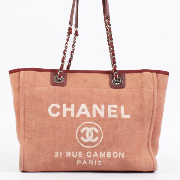 authentic preloved Chanel Red/Pink Canvas Small Deauville Shopper Bag on Labellov.com