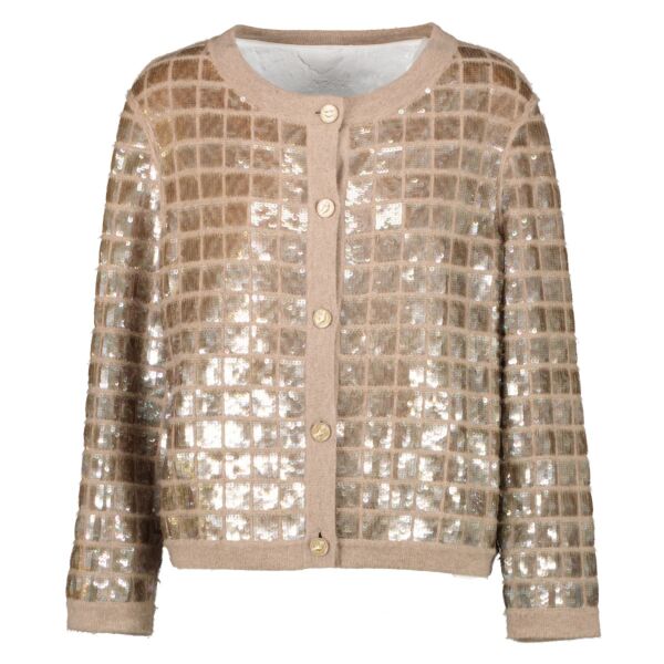 Shop safe online at Labellov in Antwerp this 100% authentic second hand Chanel Spring 2008 Gold Sequin Cashmere Cardigan - Size FR42