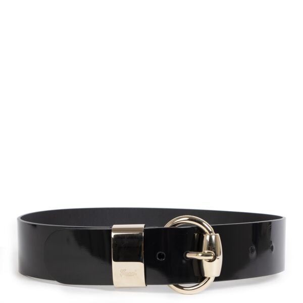 Authentic second-hand vintage Gucci Patent Leather Horse Bit Belt - Size 85 buy online webshop LabelLOV