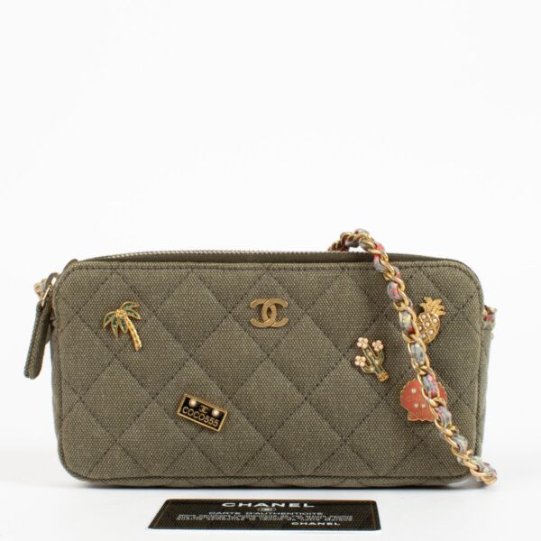 Chanel 17C Green Canvas Coco Cuba Double Zip Classic Clutch With Chain