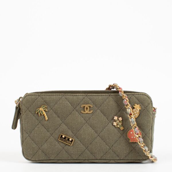 Chanel 17C Green Canvas Coco Cuba Double Zip Clutch With Chain