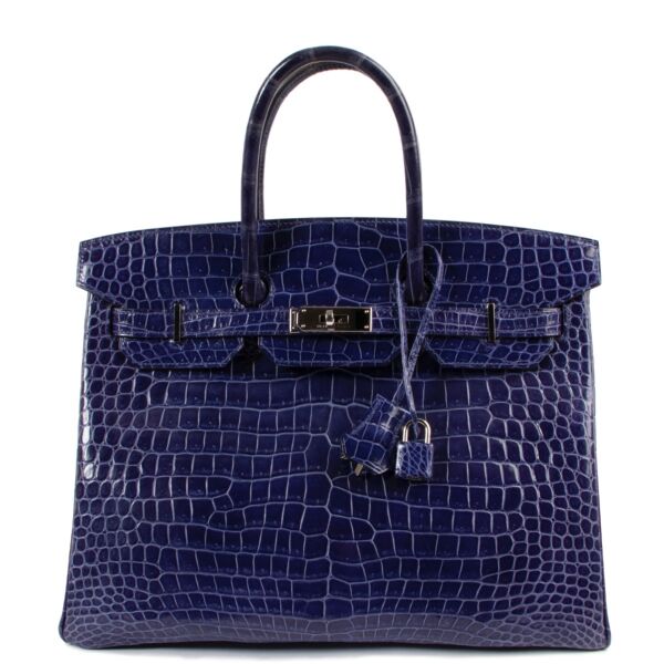 buy and sell safe online Hermès Birkin 35 Blue Electrique Crocodile Porosus PHW at labellov.com