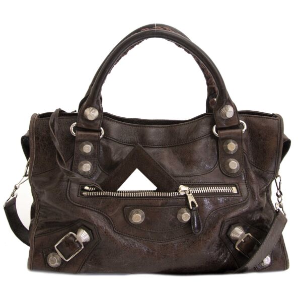 Balenciaga Brown Lambskin Leather Giant 21 Motorcycle City Bag now for sale at labellov vintage fashion webshop belgium