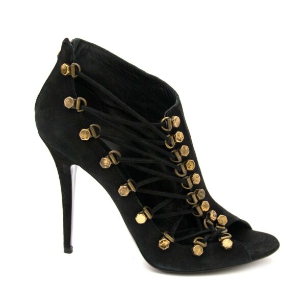 balmain black lace up peep toe ankle boots now for sale at labellov vintage fashion webshop belgium