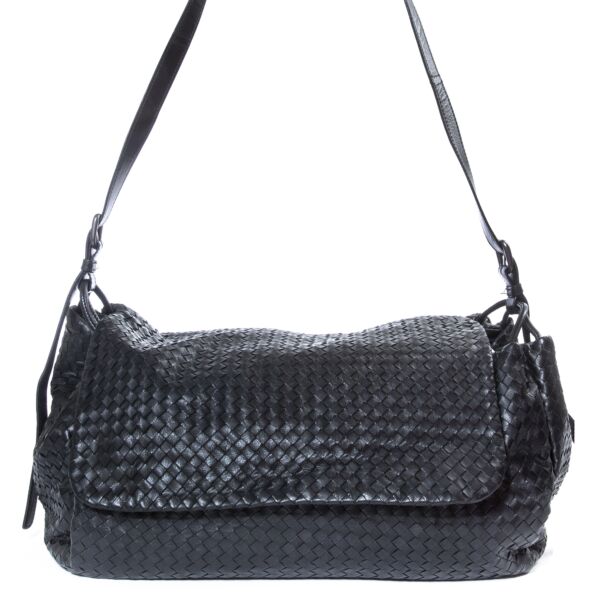 Bottega Veneta Black Intrecciato Nappa Leather Flap Shoulder Bag
