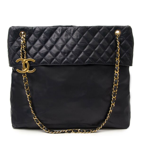 Vintage Chanel Navy Blue Quilted Shopper Tote for sale online at Labellov
