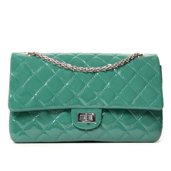 chanel green patent 2.55 reissue quilted patent leather flap bag now for sale at labellov vintage fashion webshop belgium