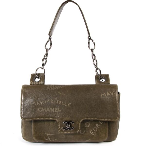 chanel green leather mademoiselle print bag now for sale at labellov vintage fashion webshop belgium