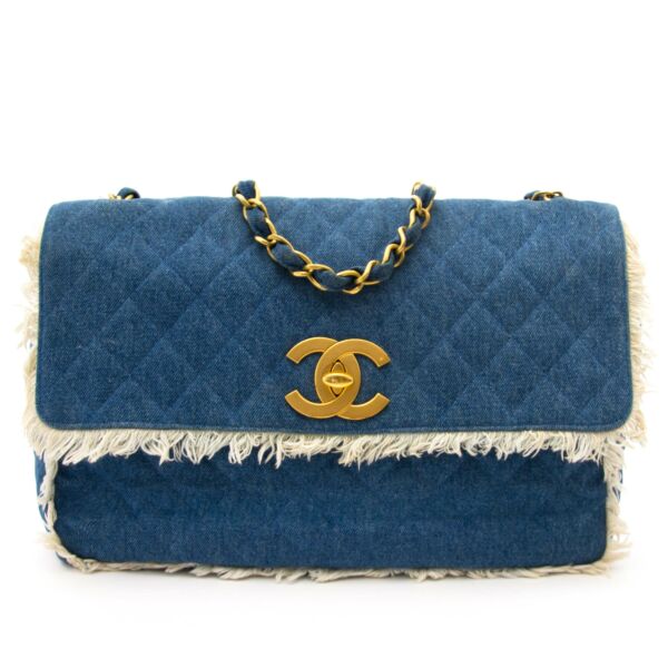 Chanel 1990s Quilted Blue Denim Fringe Edge Flap Bag for sale