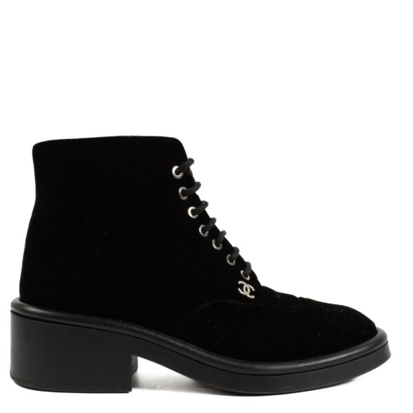 Chanel 22B Black Velvet Crystal CC Boots - Size 38