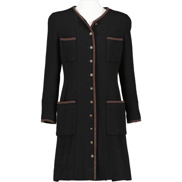 Chanel Vintage Black Tweed Wooden Button Long Coat