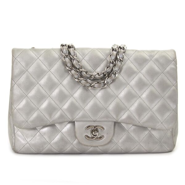 Chanel Jumbo Silver Quilted Metallic Lambskin Classic Flap Bag for sale online at Labellov