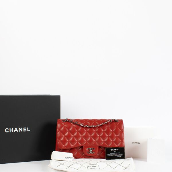 Chanel Red Lambskin Large Classic Handbag