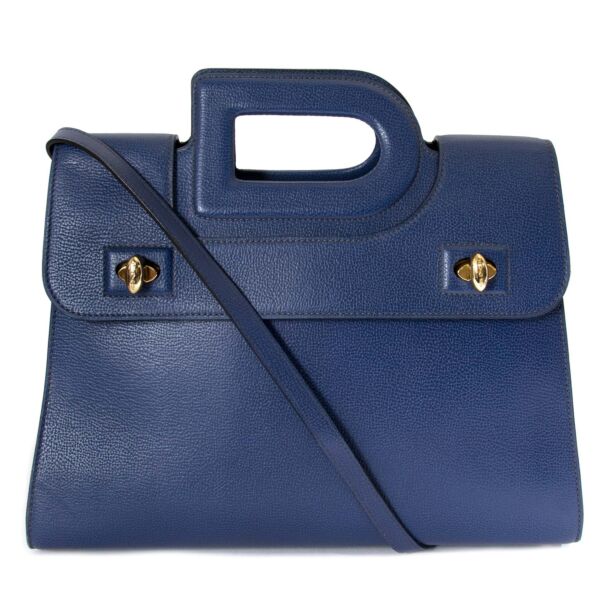 Delvaux Blue Leather 'D' Top Handle Bag now for sale at labellov vintage fashion webshop belgium