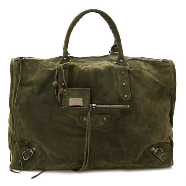 balenciaga khaki suede city weekender bag now for sale at labellov vintage fashion webshop belgium