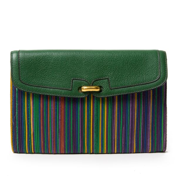 delvaux toile de cuir multicolor green clutch now for sale at labellov vintage fashion webshop belgium