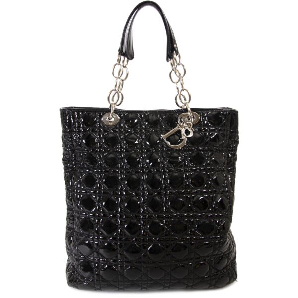 Christian Dior Black Patent Cannage Tote for sale online at Labellov