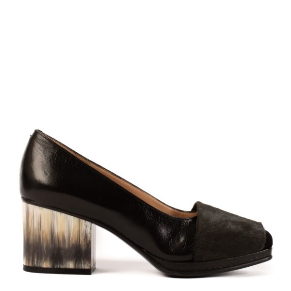 Dries Van Noten Black Leather Calf Hair Trim Block Heel Pumps