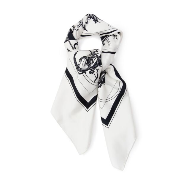 Hermès scarf, the famous silk Carré, in off-white with black carriage print. 