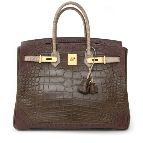 Hermès Birkin 35  'Grand Marriage Ghillies' Gris Elephant Alligator, Marron Fonce Ostrich, And Ficelle Lizard 