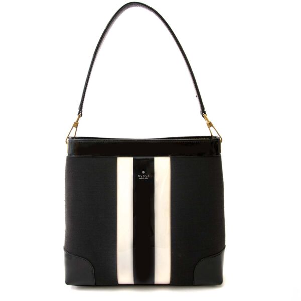 Gucci Signature Fabric Stripe Black Vinyl Shoulder Bag for sale online at Labellov