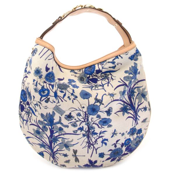 Gucci Blue Flora Canvas Wave Horsebit Hobo Bag now for sale at labellov vintage fashion webshop belgium
