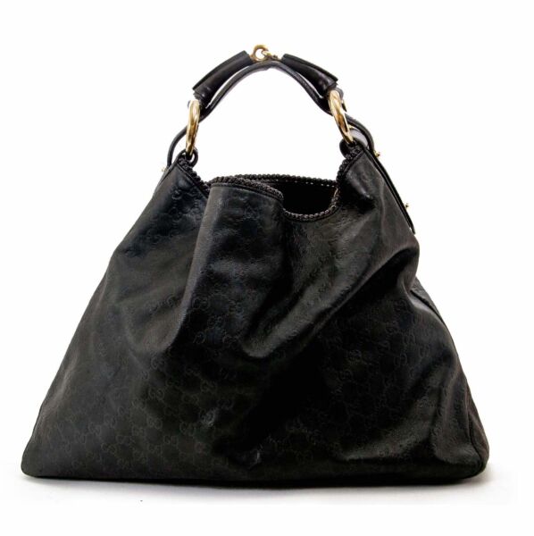 Gucci black leather monogram large horsebit hobo bag now for sale at labellov vintage fashion webshop belgium
